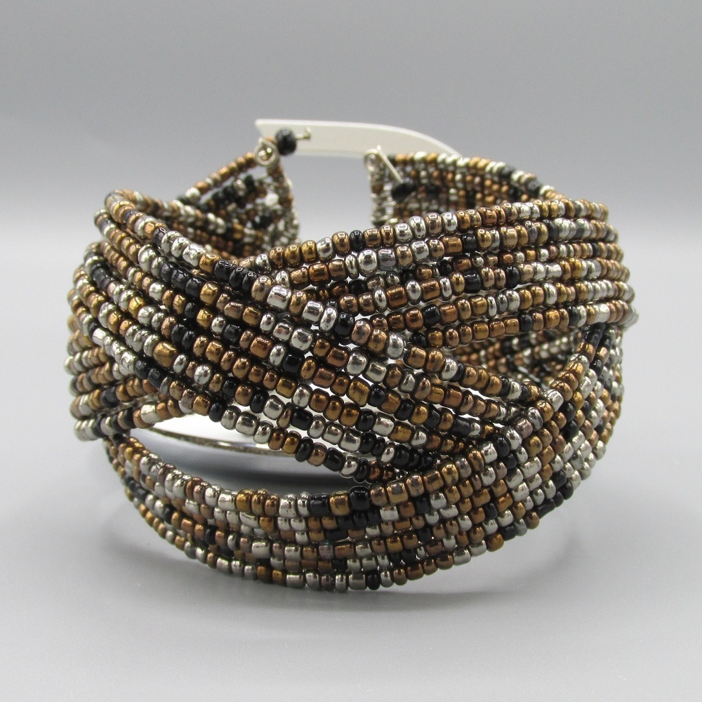 Brown/black/silver beaded cuff bracelet